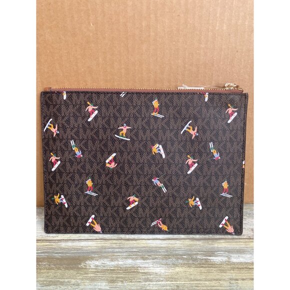 Michael Kors Aspen Ski Print Brown Logo XL Jet Set Clutch Wristlet NEW - Picture 6 of 12